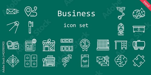 business icon set. line icon style. business related icons such as bus stop, newspaper, fuel truck, smartphone, gender, drawer, store, brain, cupboard, badge, stewardess, global warming