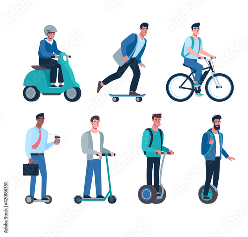 men ride modern electric scooters, skateboards, gyroboards, bicycles, mopeds. Eco friendly alternative vehicles set. Vector boys.in flat style.