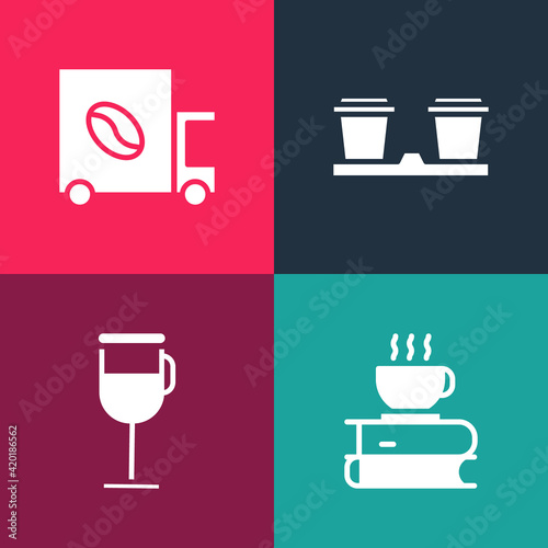 Set pop art Coffee cup and book, Irish coffee, to go and street truck machine icon. Vector