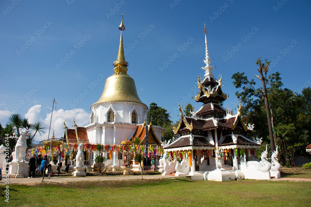 Ancient ruins building stupa chedi pagoda shrine for thai people and foreign travelers travel visit respect praying in Wat Pa Daraphirom Temple at Mae Rim on December 2, 2020 in Chiang Mai, Thailand