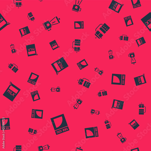 Set Coffee paper filter, Electric coffee grinder, Paper package for milk and French press on seamless pattern. Vector