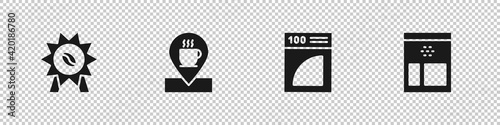 Set Medal for coffee, Location with cup, Coffee paper filter and Bag beans icon. Vector