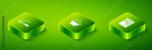 Set Isometric Coffee cup, Chocolate bar and Cigarette icon. Vector