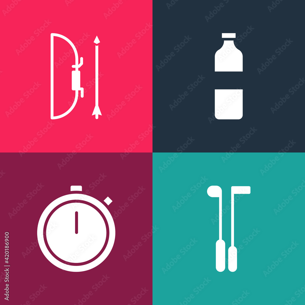 Set pop art Golf club, Stopwatch, Bottle of water and Bow and arrow in quiver icon. Vector Set pop art Golf club, Stopwatch, Bottle of water and Bow and arrow in quiver icon. Vector