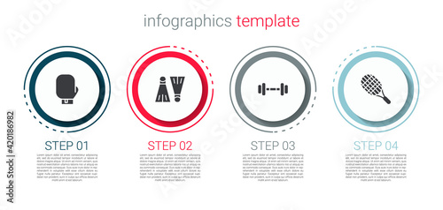 Set Boxing glove, Rubber flippers for swimming, Dumbbell and Tennis racket. Business infographic template. Vector