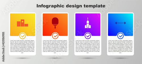 Set Award over sports winner podium, Racket for playing table tennis, Dart arrow and Barbell. Business infographic template. Vector