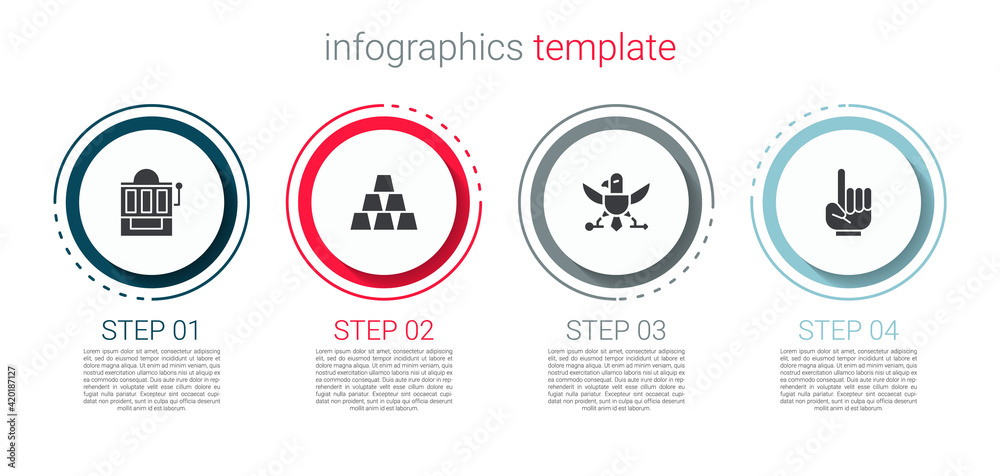 Set Slot machine, Gold bars, Eagle and Number 1 one fan hand glove. Business infographic template. Vector Set Slot machine, Gold bars, Eagle and Number 1 one fan hand glove. Business infographic template. Vector