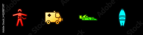 Set Bungee jumping, Ambulance and emergency car, Formula 1 racing and Surfboard icon. Vector