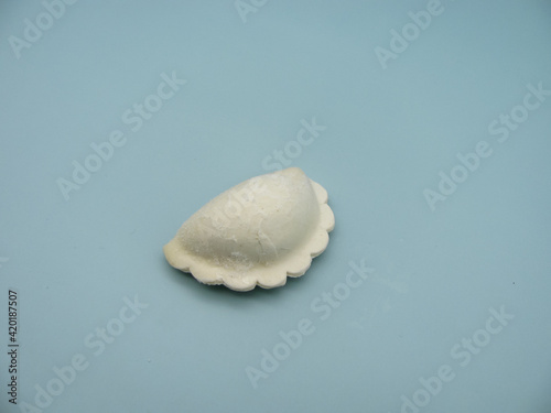 one frozen raw cooked dumpling with filling