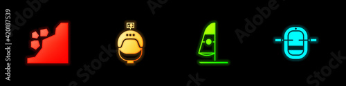 Set Landslide, Helmet action camera, Windsurfing and Rafting boat icon. Vector