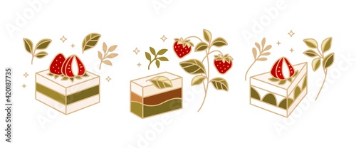 Set of hand drawn green tea cake, pastry, cookie, and bakery logo elements with chocolate, floral leaf and strawberry fruit isolated on white background