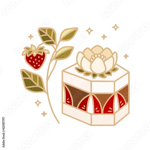 Hand drawn chocolate cake  pastry  cookie  bakery and cafe logo elements with floral leaf and strawberry fruit isolated on white background
