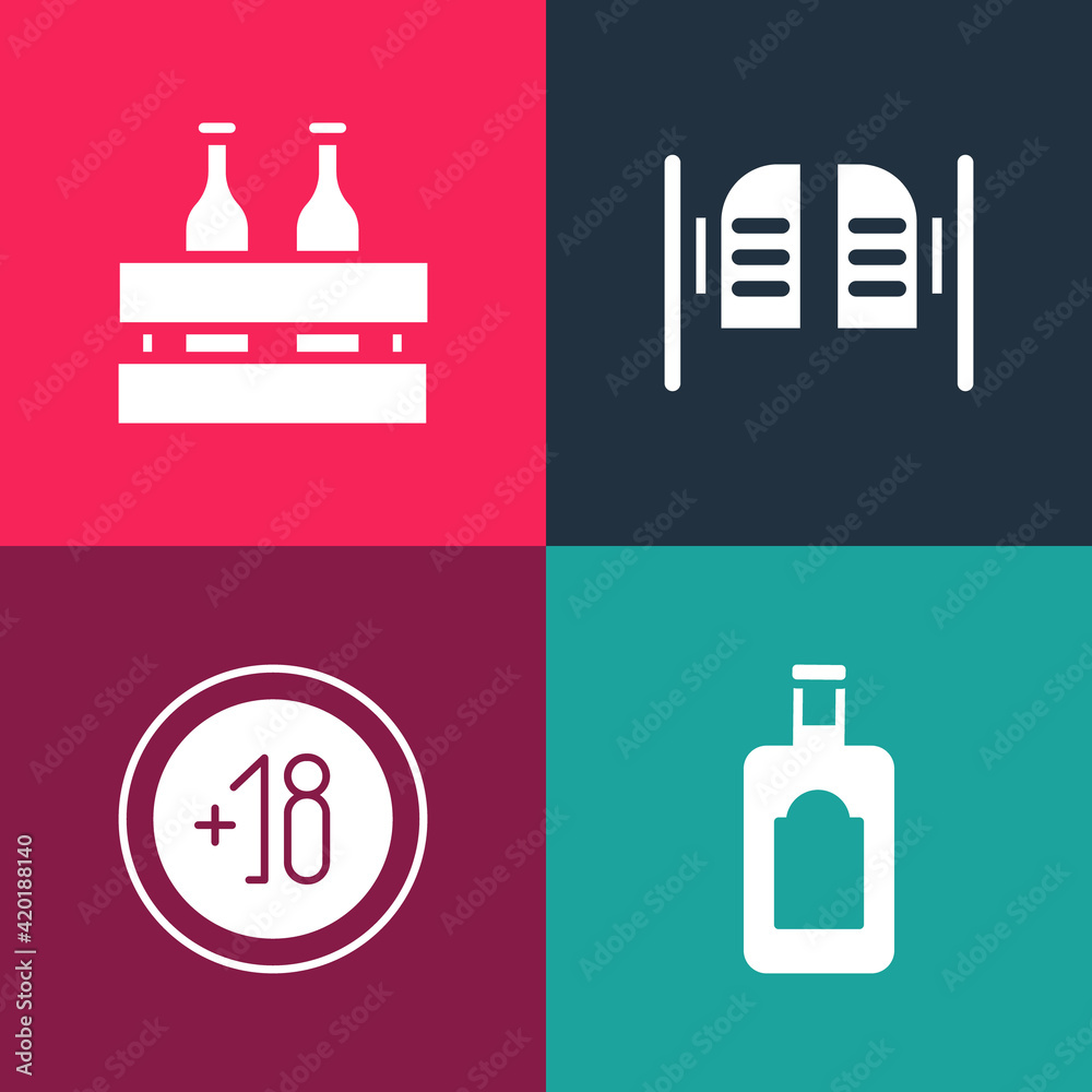 Set pop art Whiskey bottle, Alcohol 18 plus, Saloon door and Pack of beer bottles icon. Vector Set pop art Whiskey bottle, Alcohol 18 plus, Saloon door and Pack of beer bottles icon. Vector