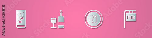 Set paper cut Effervescent tablets in water, Wine bottle with glass, Alcohol 21 plus and Street signboard Pub icon. Paper art style. Vector