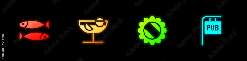 Set Dried fish, Cocktail, Bottle cap and Street signboard with Pub icon. Vector Set Dried fish, Cocktail, Bottle cap and Street signboard with Pub icon. Vector