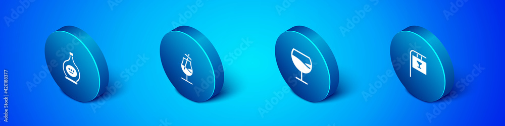 Set Isometric Bottle of cognac or brandy, Wine glass, Street signboard with Bar and Cocktail icon. Vector Set Isometric Bottle of cognac or brandy, Wine glass, Street signboard with Bar and Cocktail icon. Vector