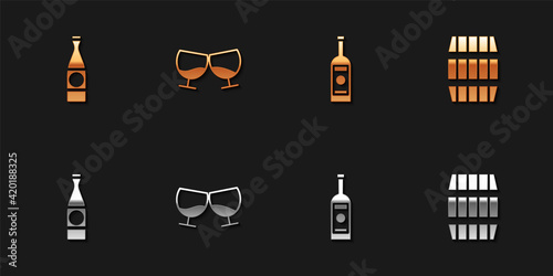 Set Beer bottle, Glass of cognac or brandy, vodka and Wooden barrel icon. Vector