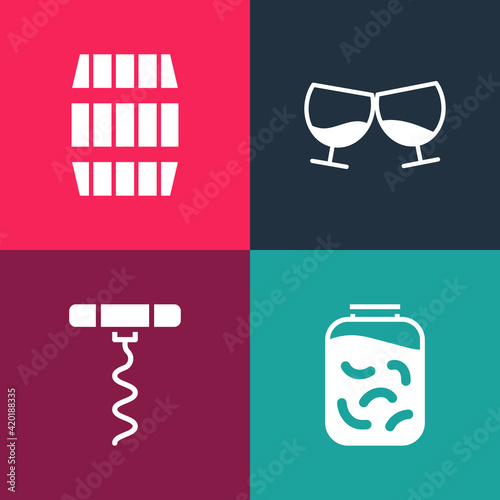 Set pop art Pickled cucumbers in a jar, Wine corkscrew, Glass of cognac brandy and Wooden barrel icon. Vector