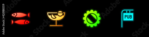Set Dried fish, Cocktail, Bottle cap and Street signboard with Pub icon. Vector