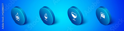 Set Isometric Bottle of cognac or brandy, Wine glass, Street signboard with Bar and Cocktail icon. Vector
