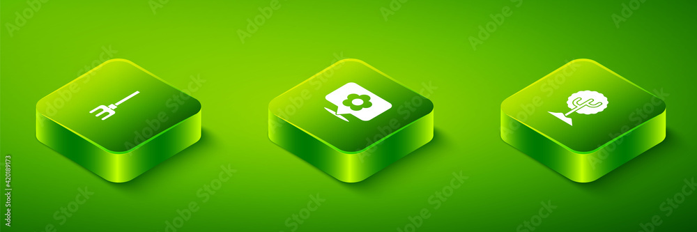 Set Isometric Location with flower, Tree and Garden rake icon. Vector Set Isometric Location with flower, Tree and Garden rake icon. Vector