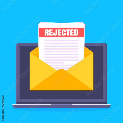 College or university reject letter with laptop screen, open envelope document email.