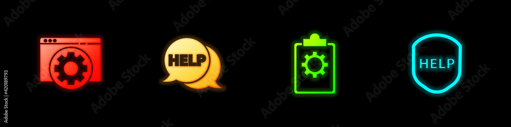 Set Browser setting, Speech bubble with text Help, Checklist 24 hours service and Shield icon. Vector Set Browser setting, Speech bubble with text Help, Checklist 24 hours service and Shield icon. Vector