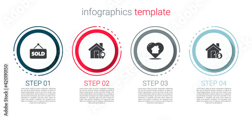 Set Hanging sign with text Sold, Location house, House heart shape and dollar symbol. Business infographic template. Vector