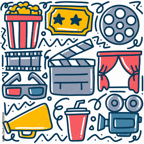 hand drawn about cinema doodle set