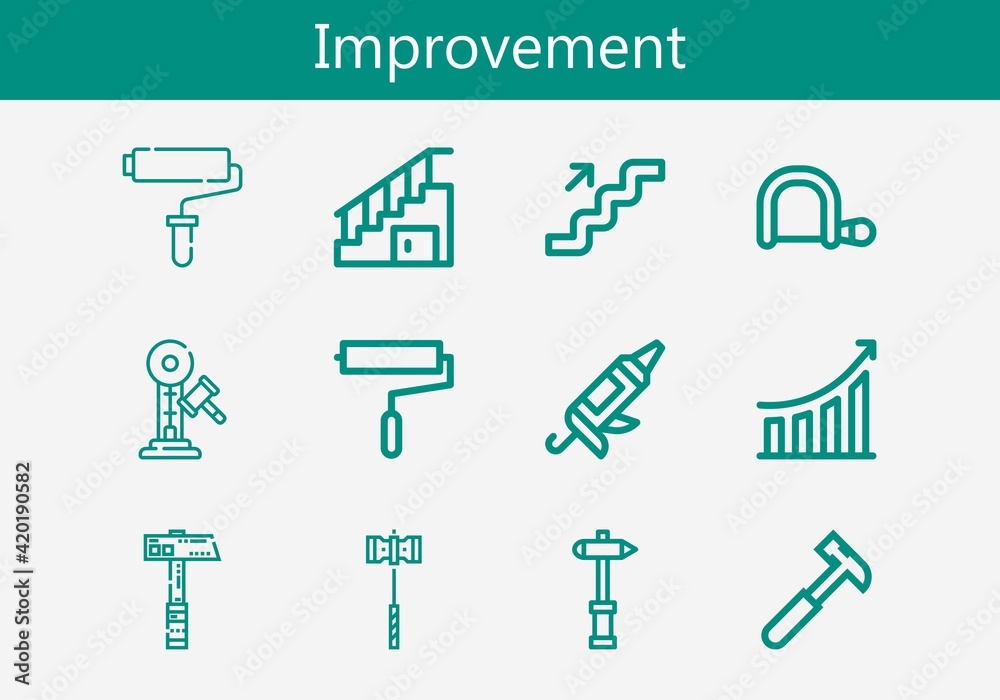 Premium set of improvement line icons. Simple improvement icon pack. Stroke vector illustration on a white background. Modern outline style icons collection of Hammer Premium set of improvement line icons. Simple improvement icon pack. Stroke vector illustration on a white background. Modern outline style icons collection of Hammer