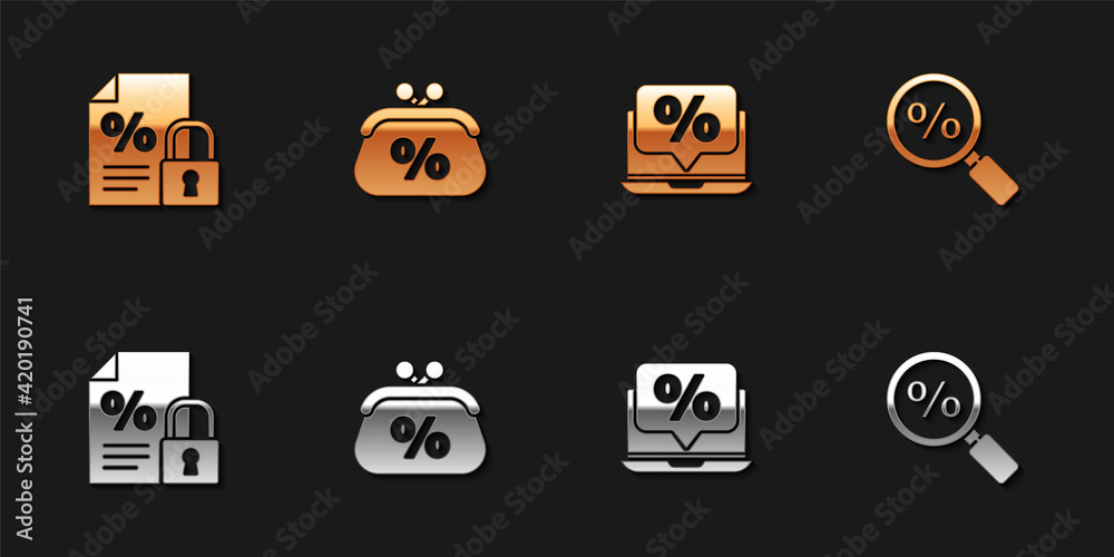Set Finance document and lock, Purse money percent, Percent discount laptop and Magnifying glass with icon. Vector