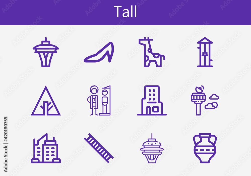 Premium set of tall line icons. Simple tall icon pack. Stroke vector illustration on a white background. Modern outline style icons collection of Free fall, Ladder, Skyscraper Premium set of tall line icons. Simple tall icon pack. Stroke vector illustration on a white background. Modern outline style icons collection of Free fall, Ladder, Skyscraper