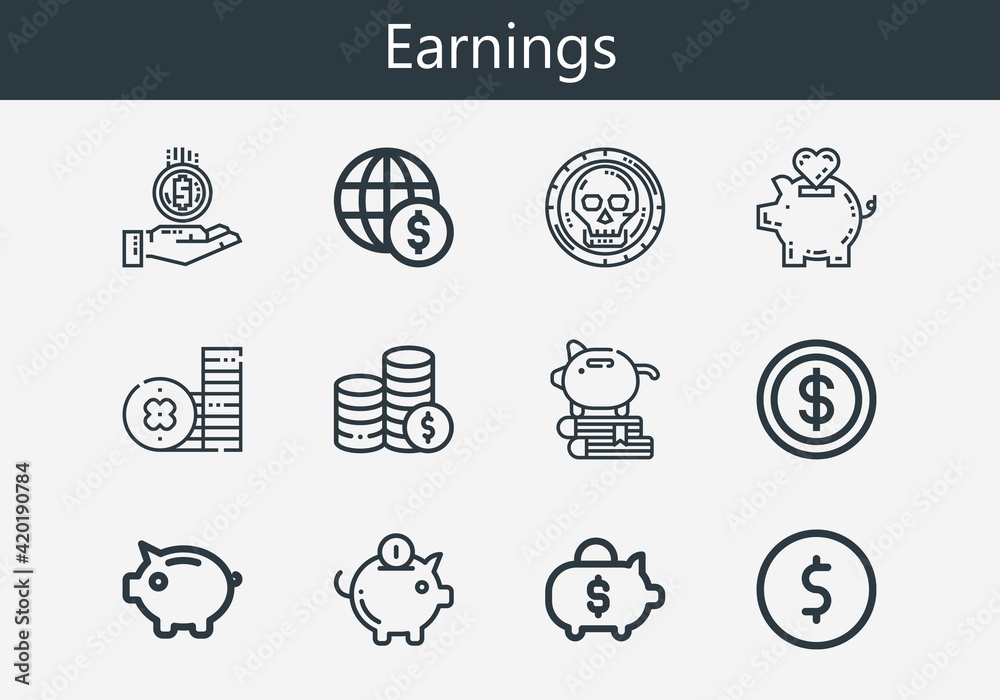 Premium set of earnings line icons. Simple earnings icon pack. Stroke vector illustration on a white background. Modern outline style icons collection of Coin, Coins, Piggy bank