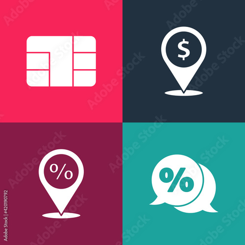 Set pop art Discount percent tag, Location with discount, Cash location and Credit card chip icon. Vector