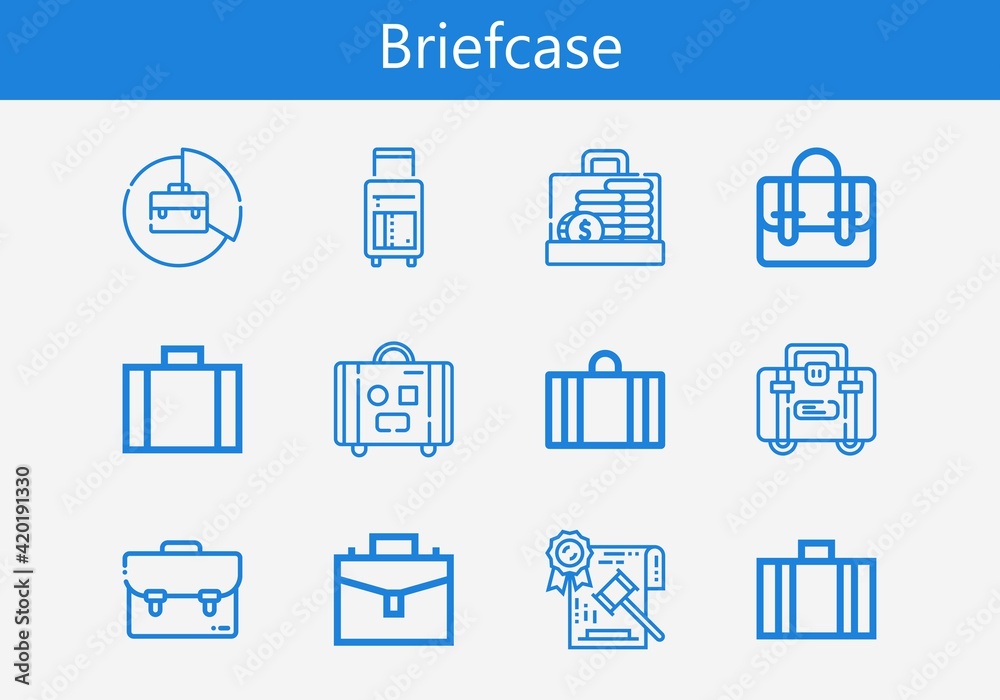 Premium set of briefcase line icons. Simple briefcase icon pack. Stroke vector illustration on a white background. Modern outline style icons collection of Law Premium set of briefcase line icons. Simple briefcase icon pack. Stroke vector illustration on a white background. Modern outline style icons collection of Law