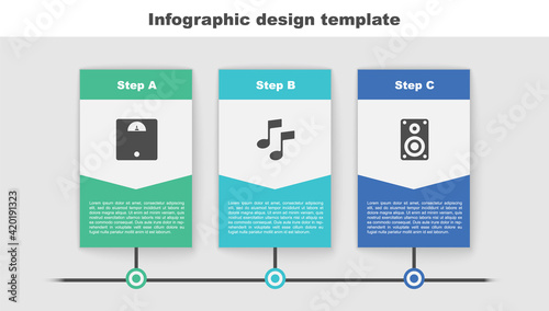 Set Bathroom scales, Music note, tone and Stereo speaker. Business infographic template. Vector