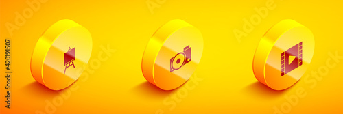 Set Isometric Easel or painting art boards, Photo camera and Play Video icon. Vector