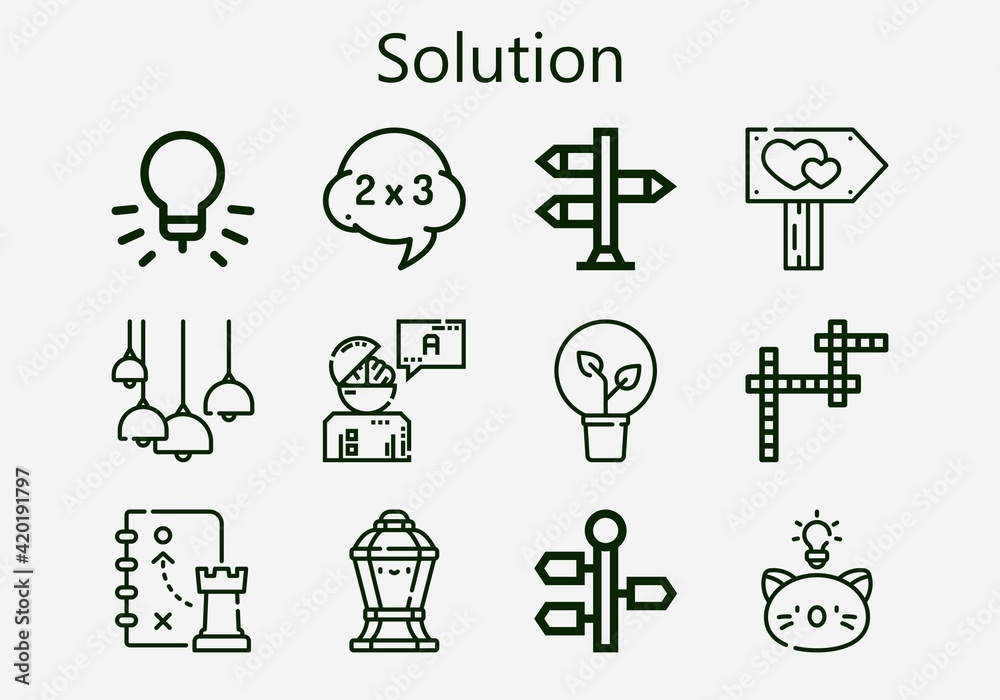 Premium set of solution [S] icons. Simple solution icon pack. Stroke vector illustration on a white background. Modern outline style icons collection of Answer, Idea, Crossword, Signpost, Strategy