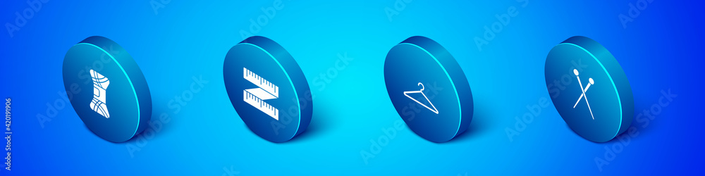 Set Isometric Yarn, Hanger wardrobe, Knitting needles and Tape measure icon. Vector Set Isometric Yarn, Hanger wardrobe, Knitting needles and Tape measure icon. Vector