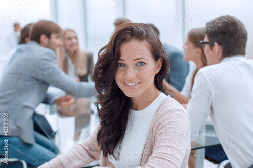 close up. young businesswoman on the background of the conference room