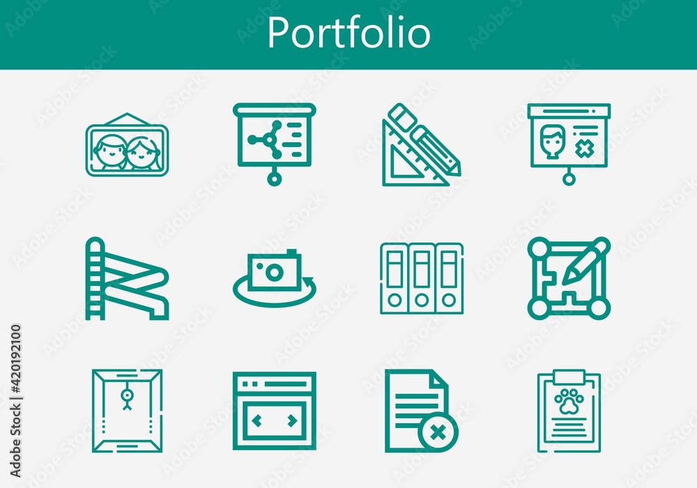 Premium set of portfolio line icons. Simple portfolio icon pack. Stroke vector illustration on a white background. Modern outline style icons collection of Slider, Report, Layout, Picture, Dossier Premium set of portfolio line icons. Simple portfolio icon pack. Stroke vector illustration on a white background. Modern outline style icons collection of Slider, Report, Layout, Picture, Dossier