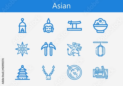 Premium set of asian line icons. Simple asian icon pack. Stroke vector illustration on a white background. Modern outline style icons collection of Sour soup, Lantern, Buddha, Kusarigama, Shuriken photo