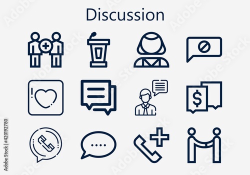Premium set of discussion [S] icons. Simple discussion icon pack. Stroke vector illustration on a white background. Modern outline style icons collection of Agreement, Chat, Psychologist, Badoo photo