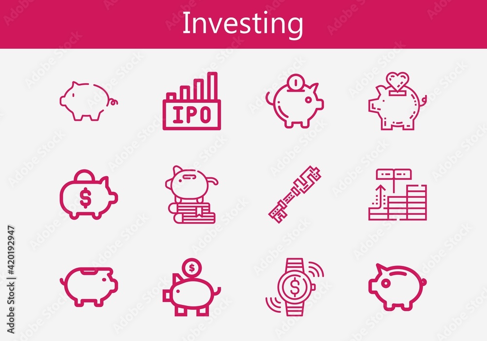Premium set of investing line icons. Simple investing icon pack. Stroke vector illustration on a white background. Modern outline style icons collection of Piggy bank, Ipo, Investment Premium set of investing line icons. Simple investing icon pack. Stroke vector illustration on a white background. Modern outline style icons collection of Piggy bank, Ipo, Investment