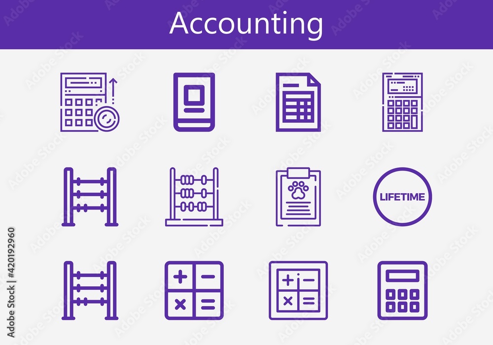 Premium set of accounting line icons. Simple accounting icon pack. Stroke vector illustration on a white background. Modern outline style icons collection of Lifetime Premium set of accounting line icons. Simple accounting icon pack. Stroke vector illustration on a white background. Modern outline style icons collection of Lifetime