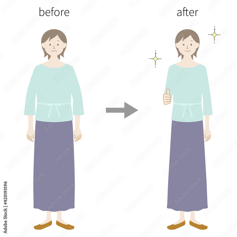 Illustration set of a woman (before and after weight loss) (white background, vector, cutout) Illustration set of a woman (before and after weight loss) (white background, vector, cutout)