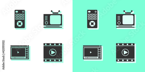 Set Play Video, Remote control, Online play video and Retro tv icon. Vector © Kostiantyn