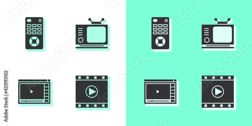 Set Play Video, Remote control, Online play video and Retro tv icon. Vector