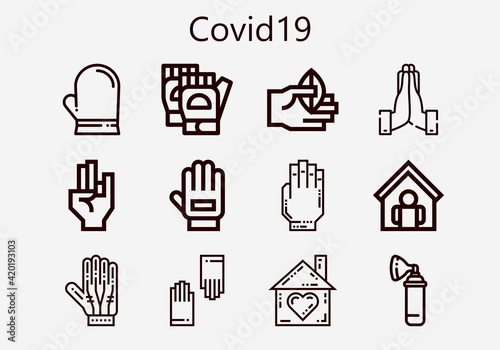 Premium set of covid19 [S] icons. Simple covid19 icon pack. Stroke vector illustration on a white background. Modern outline style icons collection of Hands, Glove, Oxygen, Gloves, Home photo