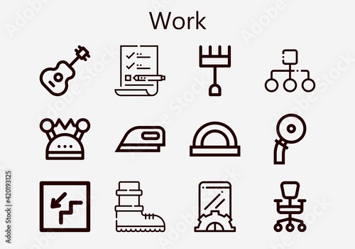 Premium set of work [S] icons. Simple work icon pack. Stroke vector illustration on a white background. Modern outline style icons collection of Guitar, Helmet, Cutter, Ironing, Boots, Stairs
